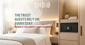 Modern hotel room with built-in digital safe box for secure guest valuables in Saudi Arabia.