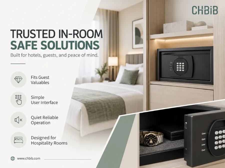 Hotel room safe box installed in a wardrobe, designed for secure guest storage and hospitality use.