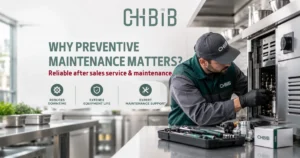 CHBIB technician servicing commercial kitchen equipment to support preventive maintenance in Saudi Arabia.