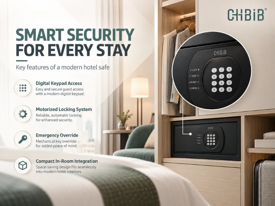 Technical design showing a hotel safe box with digital keypad access and advanced security features.