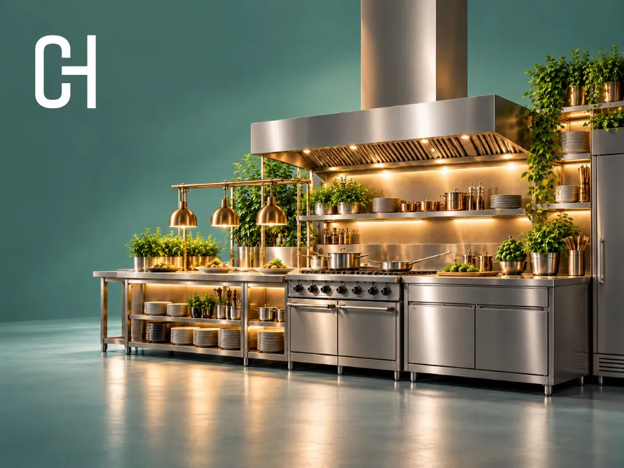 5 Sustainability Tips for Commercial Kitchen & Laundry Equipment in Saudi Arabia Modern hotel and restaurant commercial kitchen with stainless steel cooking equipment