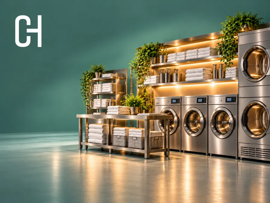 5 Sustainability Tips for Commercial Kitchen & Laundry Equipment in Saudi Arabia Modern hotel laundry facility with industrial washing machines, dryers and folded linens
