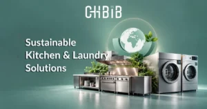 Sustainable commercial kitchen and laundry equipment featuring stainless steel cooking appliances, industrial washing machines and eco-friendly design elements.